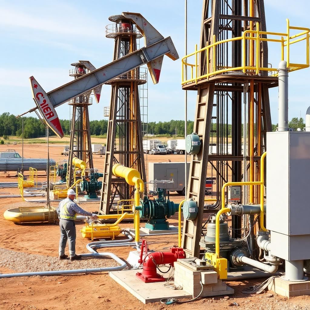 Unconventional well pad with pumpjacks and surface equipment