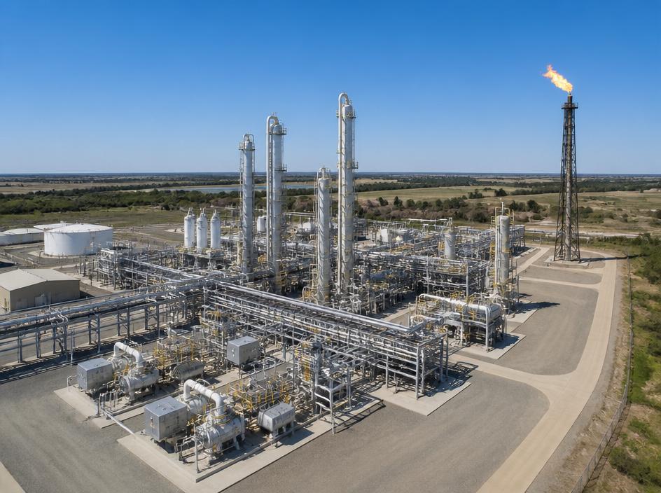 Aerial view of a gas processing facility with separation towers and flare stack