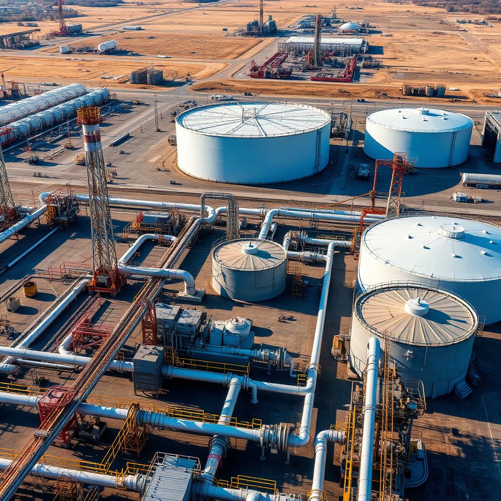 Onshore production facility with storage tanks and pipelines