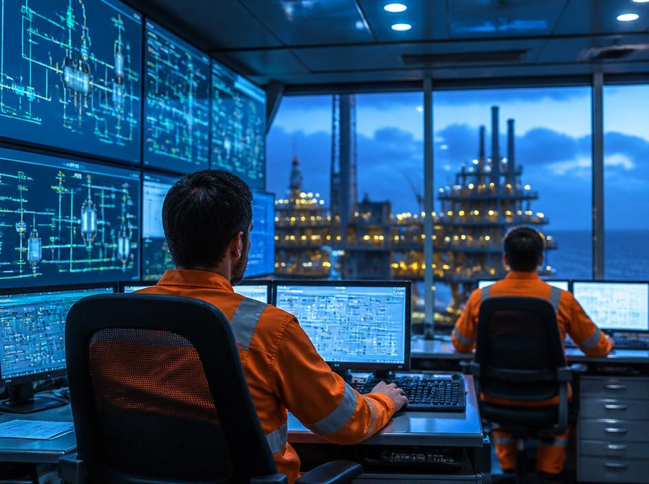 Offshore control room operators monitoring process diagrams