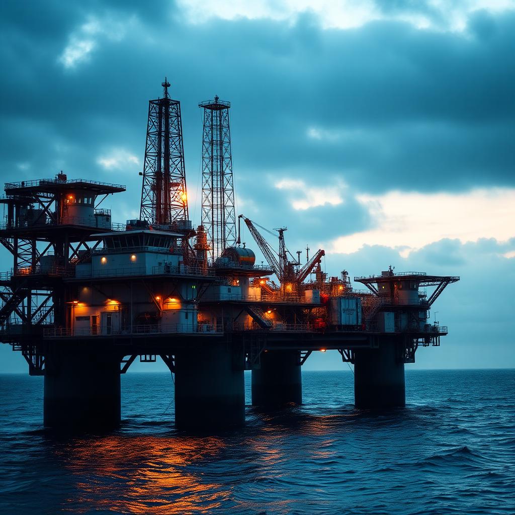 Offshore oil and gas platform at dusk
