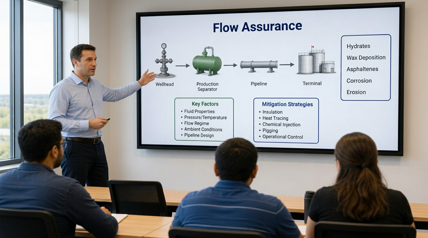 Instructor presenting a flow assurance diagram to trainees in a classroom